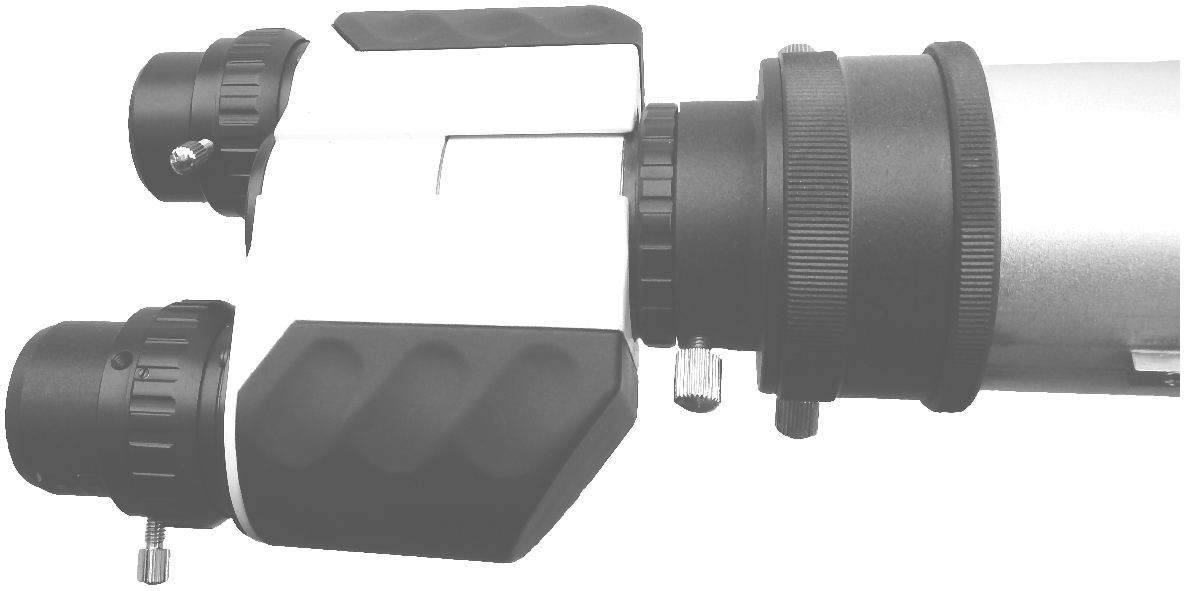 Bild, das einen Binokularansatz mit zwei Okularen zeigt, der an einem Teleskop befestigt ist