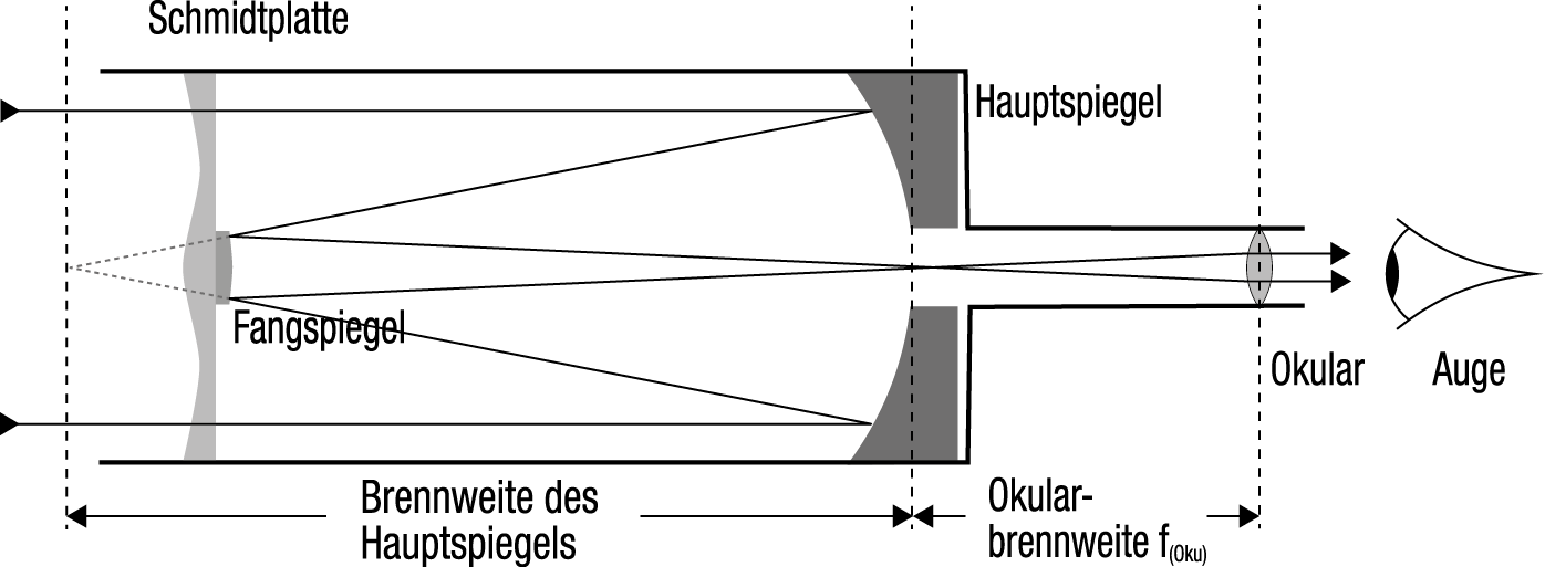 Grafik,die den Weg des Lichts einem Spiegelteleskop in Schmidt-Cassegrain-Bauweise zeigt